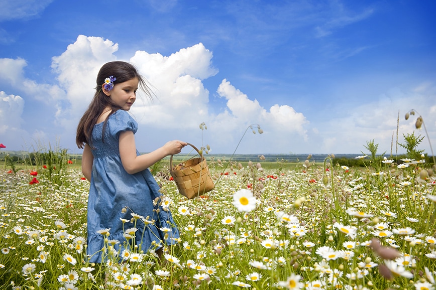 Junges Mädchen mit Körbchen in einer bunten Blumenwiese unter blauem Himmel