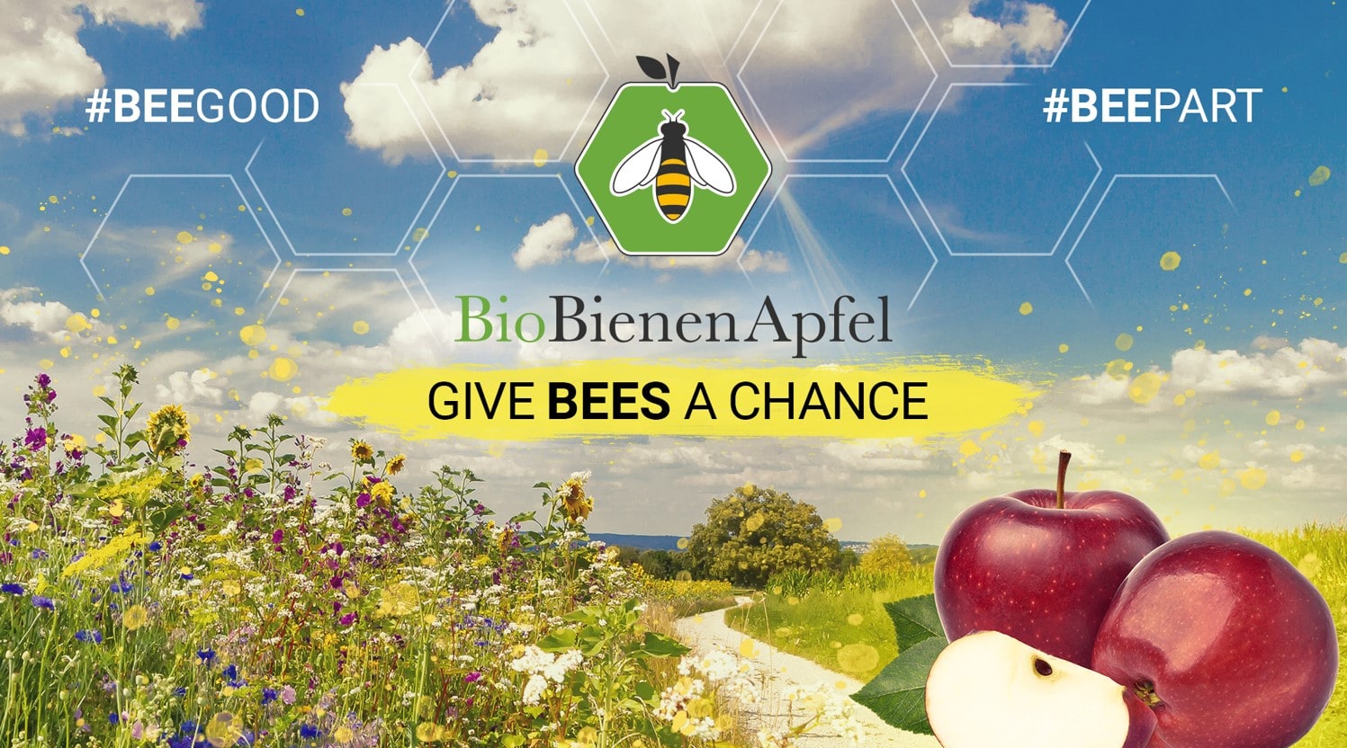Bild von einer Blumenwiese, Äpfeln und dem BioBienenApfel Logo